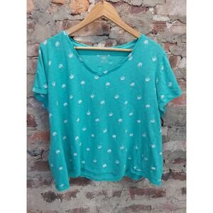 Architect Womens V-Neck T-Shirt Size 1X Teal Palm Tree Print Short Sleeve Cotton